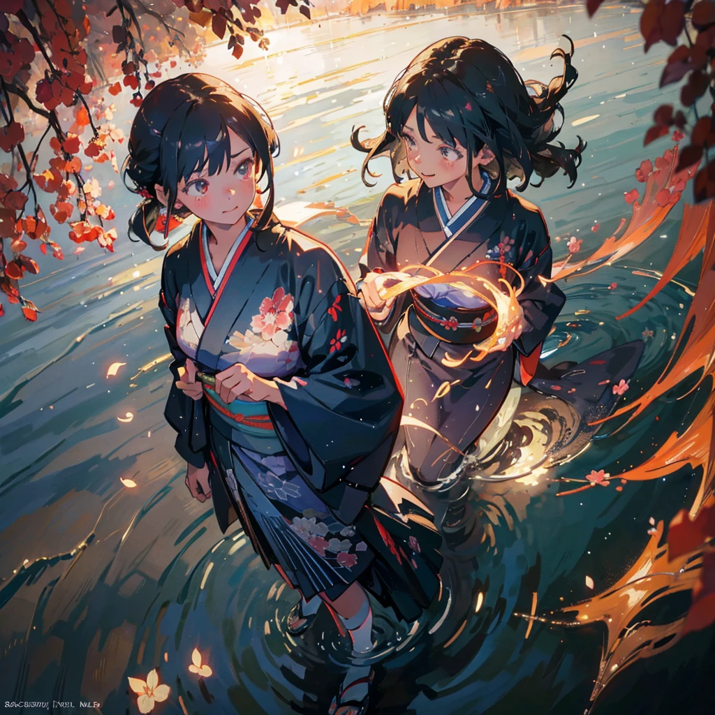 (masterpiece), (high resolution 8K), professional illustration, 1 girl, late age, standing, long shot, dutch angle, japanese clothes, kimono, medium hair, smile, erotic expression, looking away, waterfalls, clear streams, morning, natural lighting, high contrast, stunning face, symmetrical clear eyes, detailed eyes and face, Shinkai Makoto style,kimono with a long kimono hem