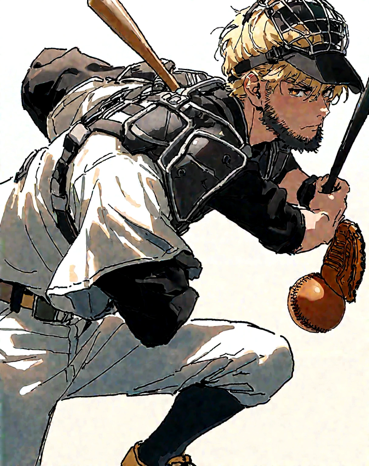 baseballユニフォーム,左手にbaseballグローブ,court,catcher,baseball防具,Forgetful Battery,youth,Blonde,Refreshing Youth,View from the side,morning,Koshien,Background is blue,baseball