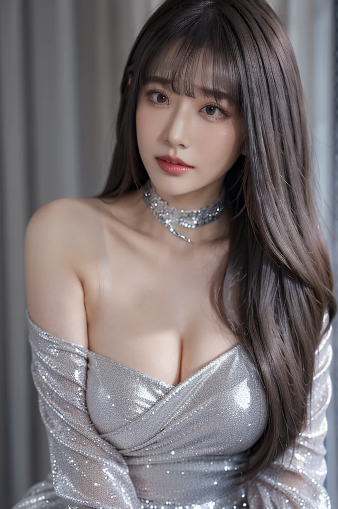 (Huge breasts:1.1)Clothing,Décolletage,Off the shoulder,Plump flesh,254K,choker,Heavy makeup,Center-parted bangs,(Silver ash hair color:1.2),long hair,Curly Hair,Rui々Skin type,Red A-line dress,(Shine of the skin:1.1)