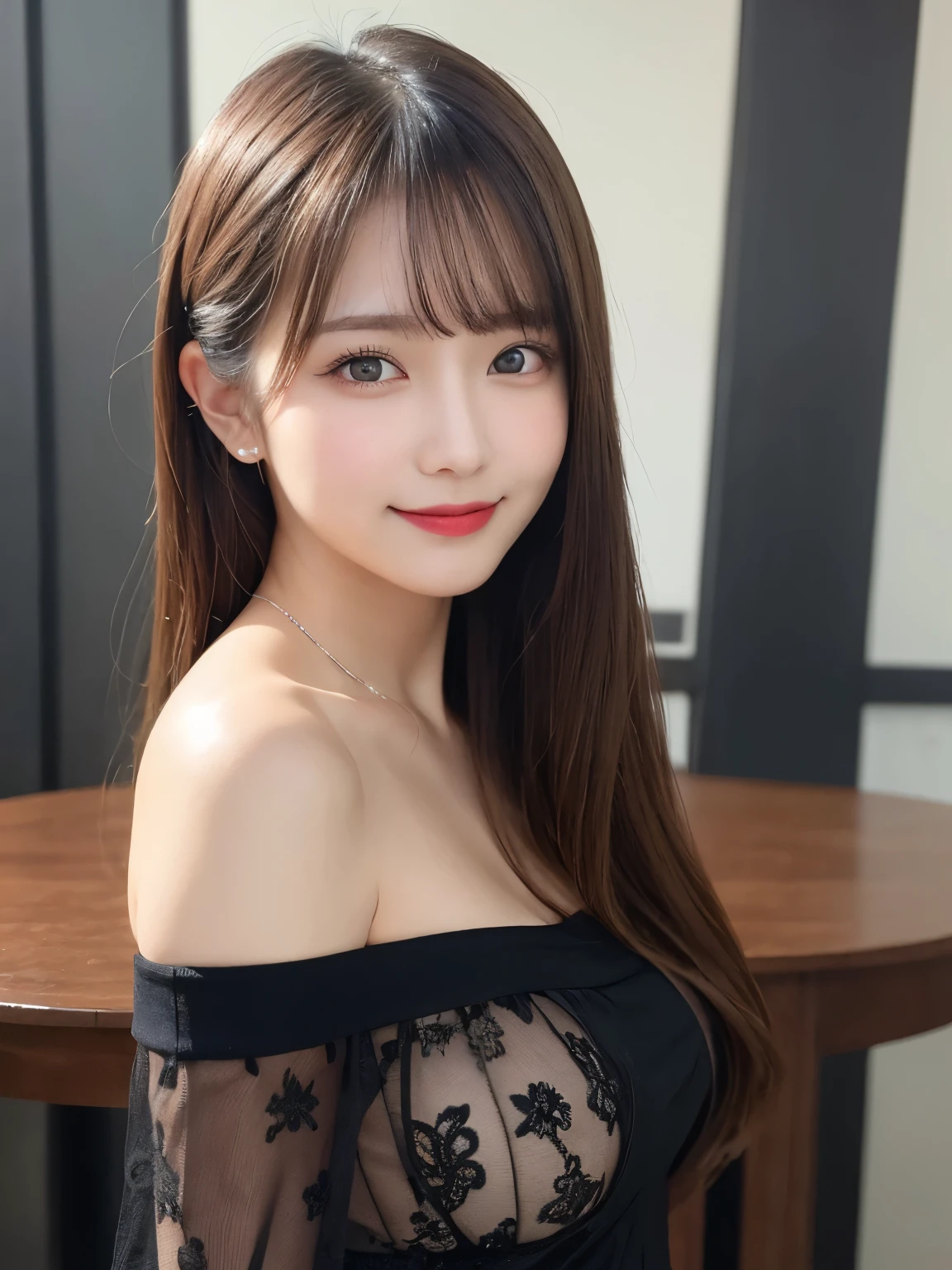 table top, highest quality, shape, Super detailed, finely, High resolution, 8k wallpaper, Perfect dynamic shape, beautiful and detailed eyes, D cup, natural color lip, random sexy pose,smile、20 year old girl、midnight、Beautiful and dense face、perfect and beautiful face,Big eyes、real photos(best image quality),Sheer off-shoulder dress (black)、looking at camera、Please stand、Do gal makeup,blurred background