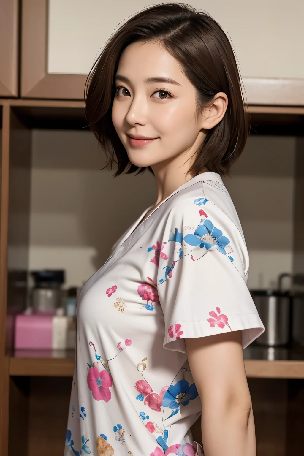 masterpiece、Dynamic pose、Realistic skin texture、Female in her 40s、Japanese Nurse、Oversized clothing、Medical scrub top and bottom、Short sleeve、Light Brown Hair、Small bust、Pick up documents that have fallen to the floor、Open your mouth a little、A shy smile、whole body, front shot.