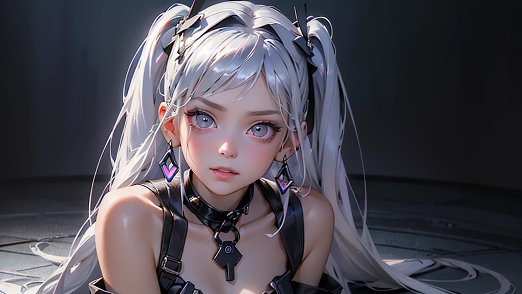 Beautiful woman blue twin tail long hair、short clothes in cyberpunk style、Glaring at the Viewer、facing forward、A slight smile, Best quality, masterpiece, A high resolution,,( girl Whole body :1.7)(Sitting on your feet with your knees bent) 1 girl, clear pink silk porcelain dress, Beautiful face, rabbit ear ,hair accessories, I look at the audience, smiling, shut up, lips, dress, hair accessories, necklaces, jewelry, long hair, earrings, Beautiful face, on the body, Tyndall effect, Realism, Dark Studio, edge lighting, Two-tone lighting, (highly detailed skin: 1.2), 8К UHD, SLR camera