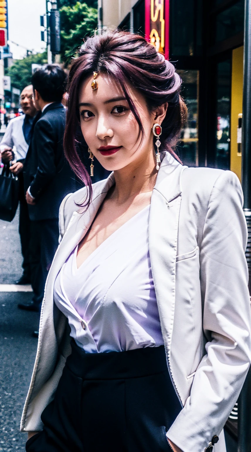 Mirellia_Q_Melromarc, perfect_breasts, purple_hair, purple_eyes, jewelry, earrings, beautiful, beautiful woman, perfect body, perfect breasts, wearing a white formal shirt, black blazer, black trousers, handbag, wearing a watch, wearing earrings, in public, creatures in tokyo city, being on the street, looking at the viewer, a slight smile, realism, masterpiece, textured skin, super detailed, high detail, high quality, best quality, 1080p, 16k