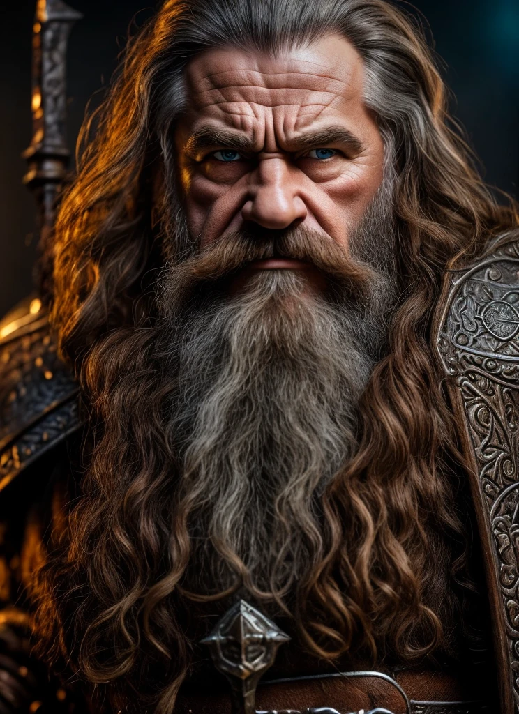 Dwarf in full grey armor, medieval fantasy dwarf, stark, plumpness, with light brown hair and a long beard, dwarven heavy armor, a mad look, fully body, standing alone, fancy, Dwarf Medieval RPG, Closeup portrait of a dwarf with a braided beard, Dwarf beard, 4 k image, 超A high resolution, inside royal dwarf hold, High details, best qualityer, 16K, [ultra detaild], master part, best qualityer, (extremely detaild), fully body, photorrealistic, arte de fancy, Arte de RPG, d&d art, an image of a dwarf in his hold (intense details, best qualityer), dwarf male fantasy (intense details, master part, best qualityer),(intense details, master part, best qualityer), brown hair, dynamic blue eye color, Ultra Detailed Face (intense details, master part, best qualityer), long beard, brown beard, holding a maul in his hand, maul has MGICAL runes