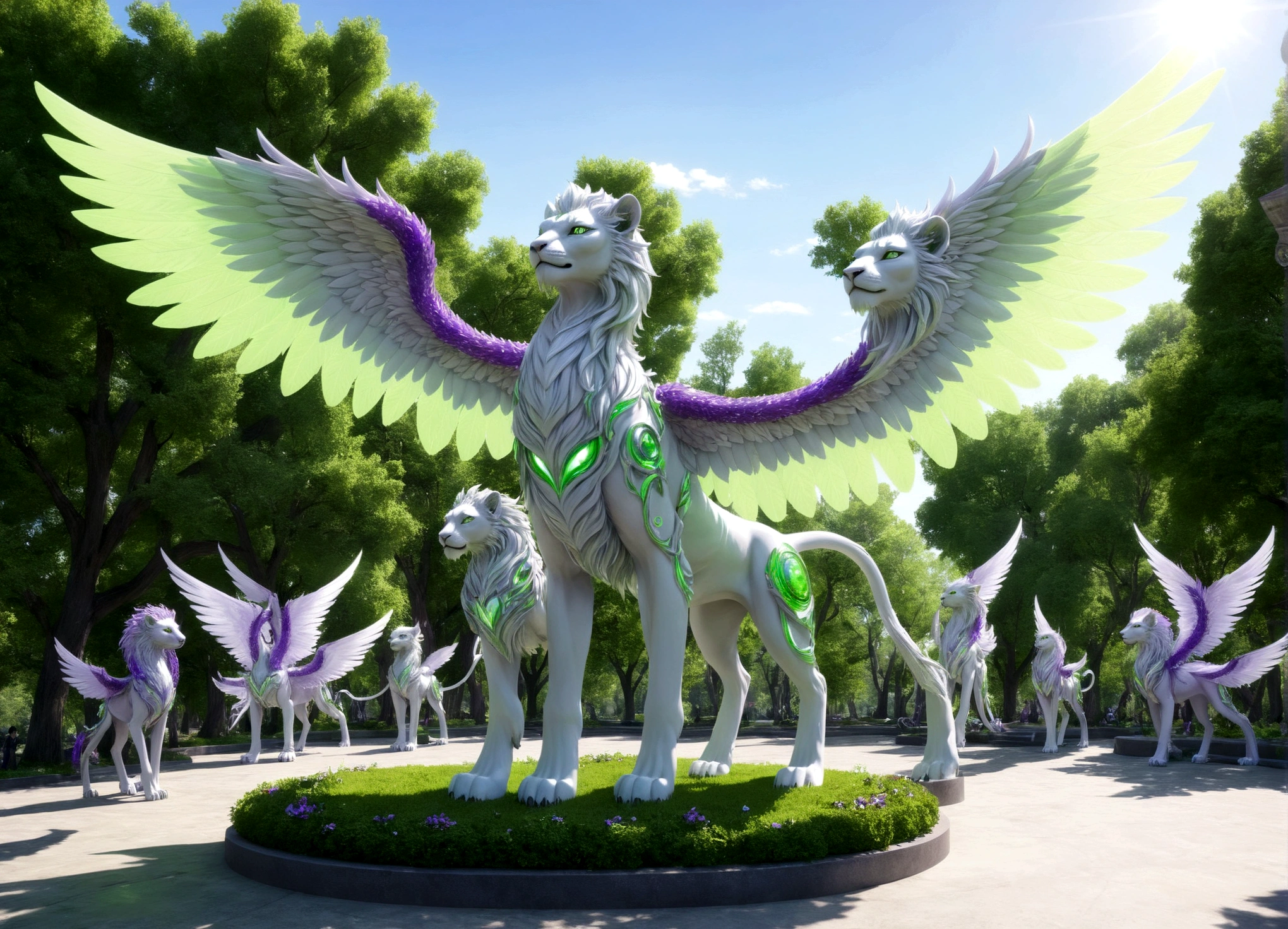 A eldritch angel (central body of a violet lion, 6 pairs of radiant crystal wings, numerous white tentacle eyestalks with neon green eyes) has appeared in a holy corona and approaching the viewer set in a park in daytime
