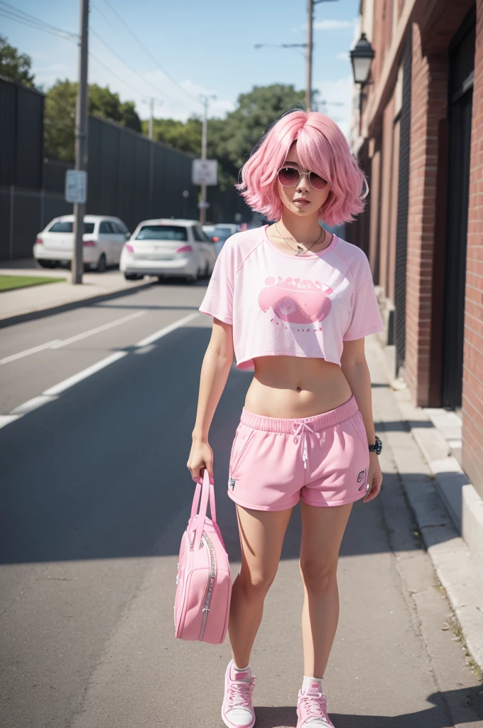 I want to create a fun mind character pink hair cropped shorts pink tennis shoes 