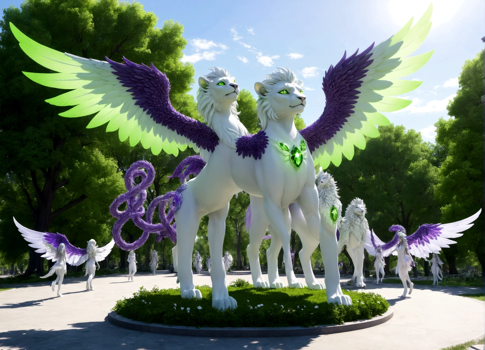 A eldritch angel (central body of a violet lion, 6 pairs of radiant crystal wings, numerous white tentacle eyestalks with neon green eyes) has appeared in a holy corona and approaching the viewer set in a park in daytime