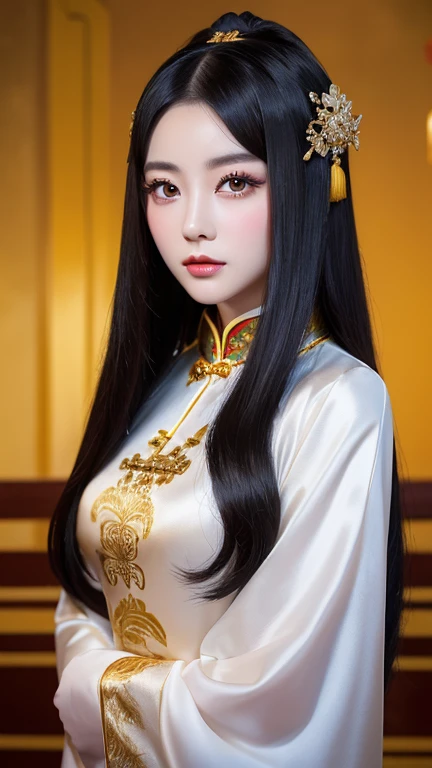 (((Chinese Beauty)))、21 years old、(Very heavy makeup:1.2)、(Slanted Eyes:1.3)Shiny Hair、Glowing Skin、Very white skin、Jet Black Hair、Straight long hairstyle、Big eyes、Double eyelids、Luxury Chinese palace、Golden Hair Ornament、(The queen's costume)、Luxurious and gorgeous、