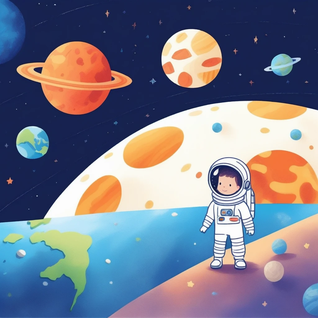 children's picture books,crayon paintings,white background,simple background,
A  in space, facing the camera, earth planet in background, slowly approaching, with high definition and quality,