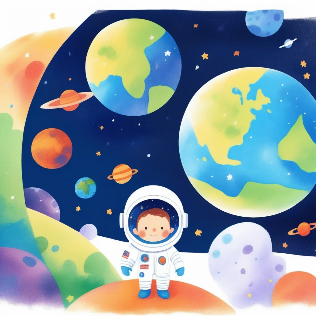 children's picture books,crayon paintings,white background,simple background,
A  in space, facing the camera, earth planet in background, slowly approaching, with high definition and quality,