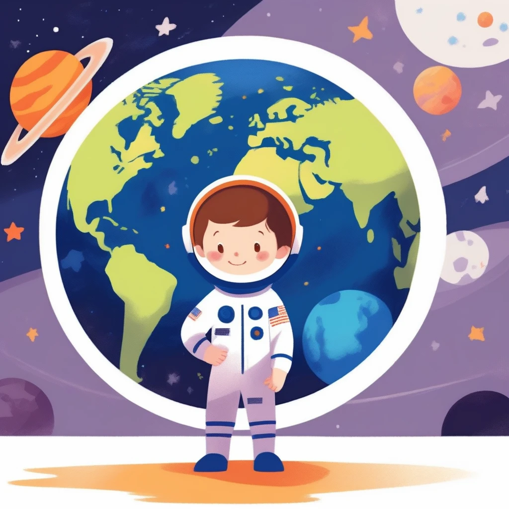 children's picture books,crayon paintings,white background,simple background,
A little boy in space, facing the camera, earth planet in background, slowly approaching, with high definition and quality,