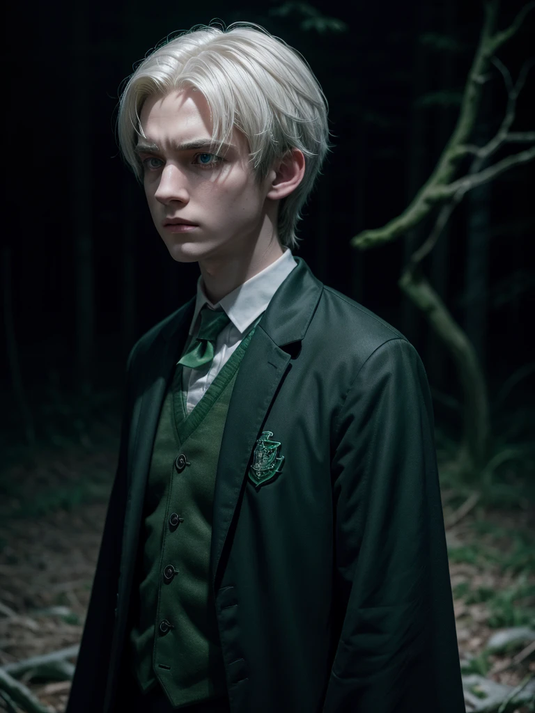 boy, Slytherin uniform, glowing magic wand harry potter, White hair, determinate expression, Forbidden Forest, somber atmosphere, 4K, conceptual artwork, sharp focus, dramatic lighting, Studio quality.