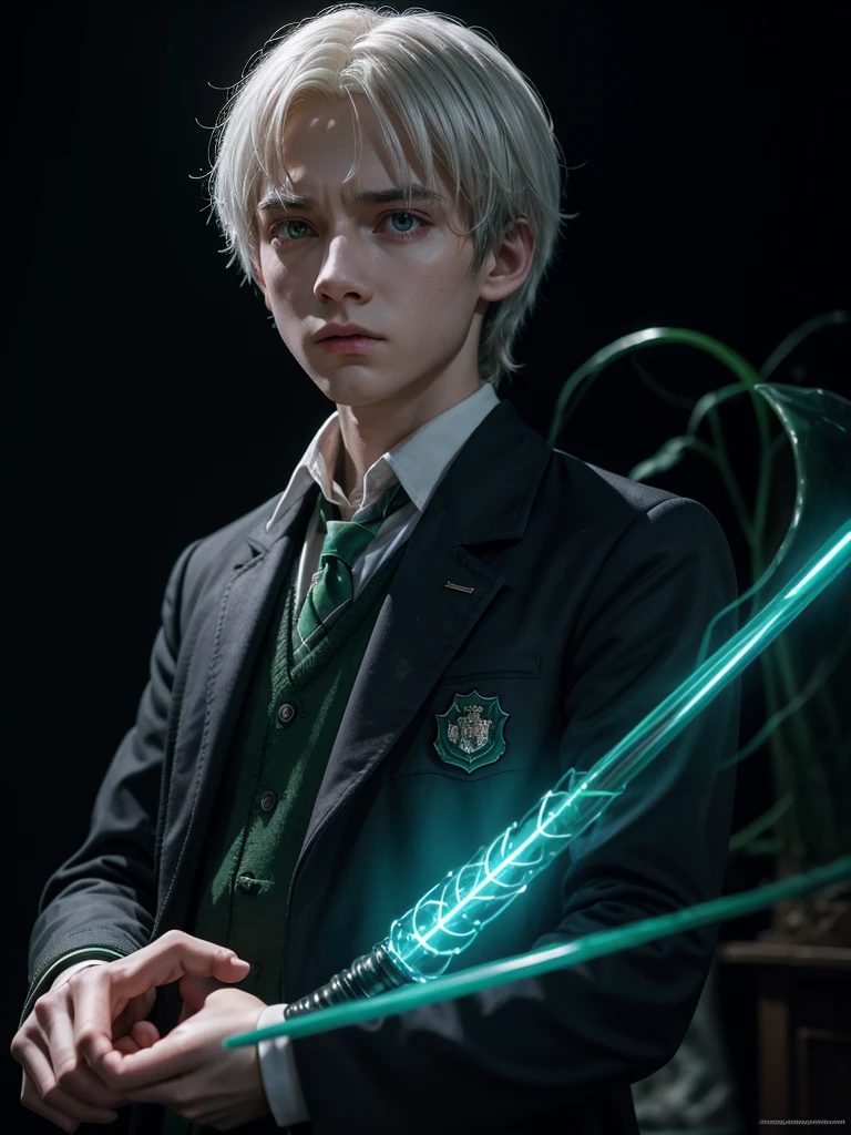 boy, Slytherin uniform, glowing magic wand harry potter, White hair, determinate expression, Forbidden Forest, somber atmosphere, 4K, conceptual artwork, sharp focus, dramatic lighting, Studio quality.