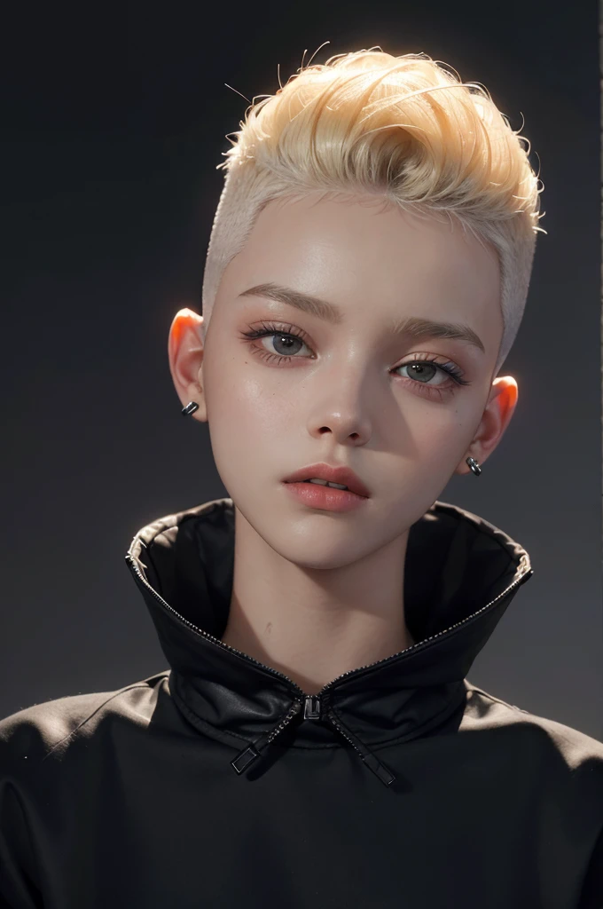 a 13 year old woman, blonde, (hi-top fade:1.3), dark theme, soothing tones, muted colors, high contrast, (natural skin texture, hyperrealism, soft light, sharp)  , open shirt