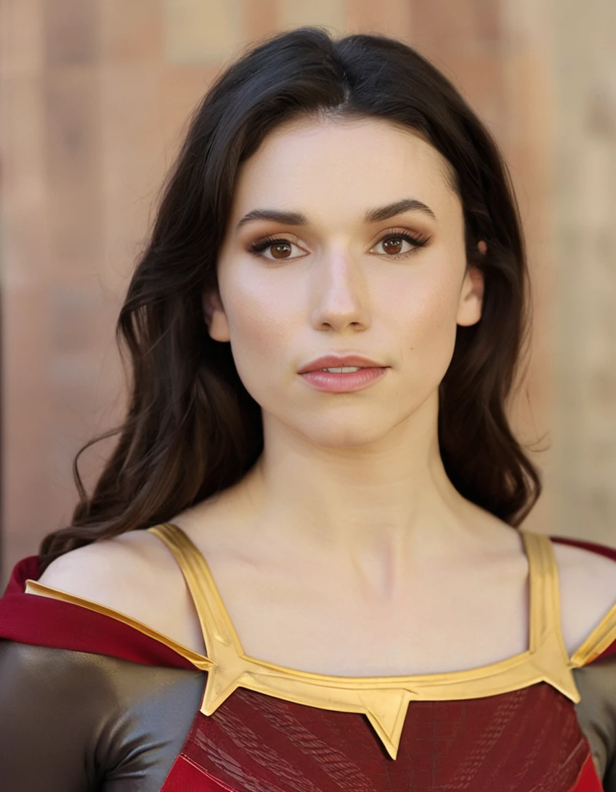 professional portrait photo of Grccrlncrry woman, looking at the camera, highly detailed, skin texture , cosplaying as Mary Marvel