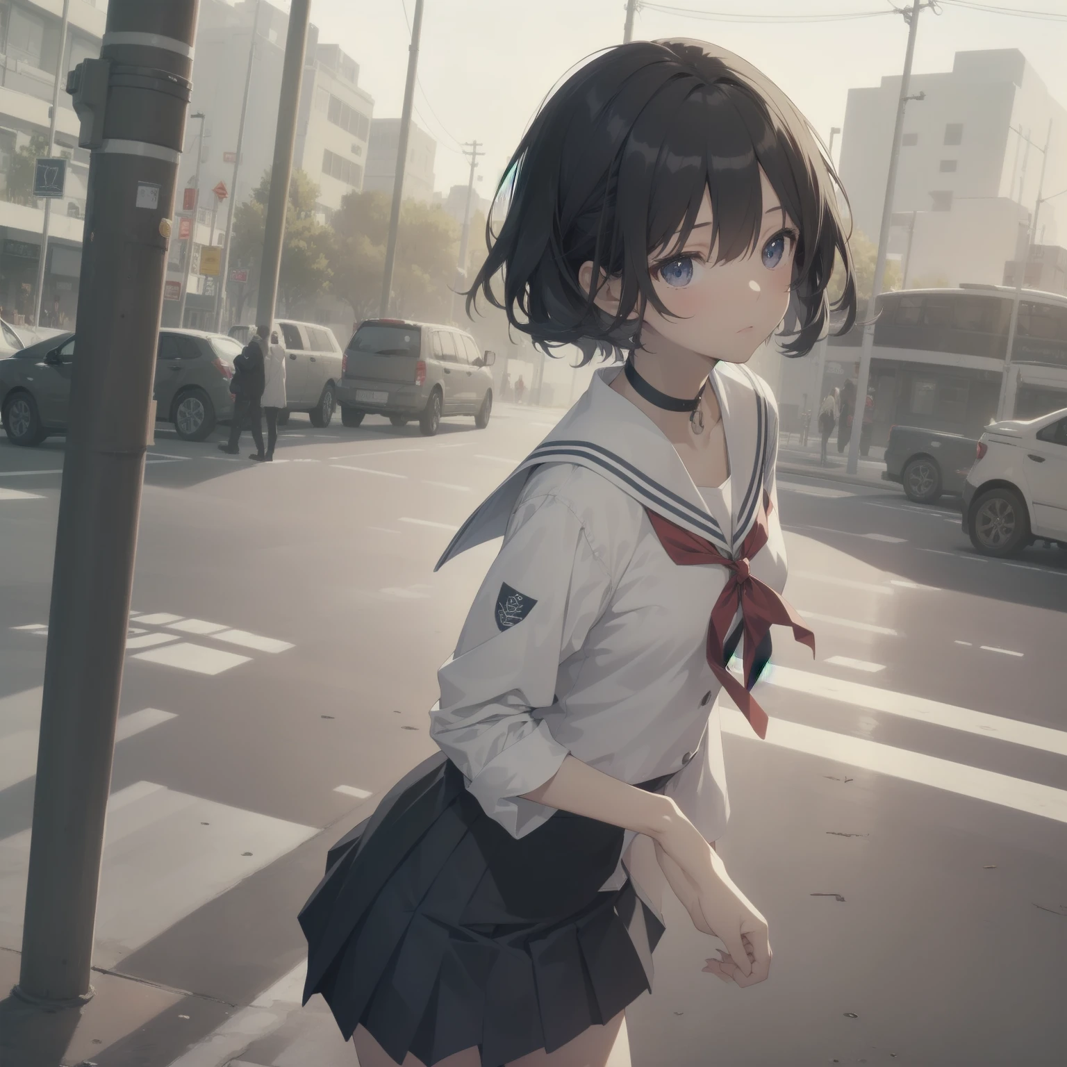 ultra-absurdres-Top quality by artist God, ultra-detailed, high resolution, anime moe artstyle, best anime 8k konachan wallpaper, pixiv contest winner, pool:2810, perfect anatomy,break, 1girl, (Please draw a girl walking sleepily to school alone. )break,(Solo,little female, 13-year-old:1.3),Full limbs, complete fingers,a junior high school student, (very short hair), short cut, flat chest, , small butt, small black eyes, beautiful detailed eyes, well-proportioned iris and pupils, expressive eyes, highres detailed hair, soft expression, salor school_uniform, sailor collar, serahuku, bow, pleated skirt,(Detailed Lighting), (Detailed background), in the School commute route. break,super detailed skin, Best cinematic lighting powered by famous artist, 8k,beauty illustration,photoshop_(medium),very aesthetic,break,((artist:kitsunerider )), artist:clamp ,artist:carnelian ,artist:kantoku ,