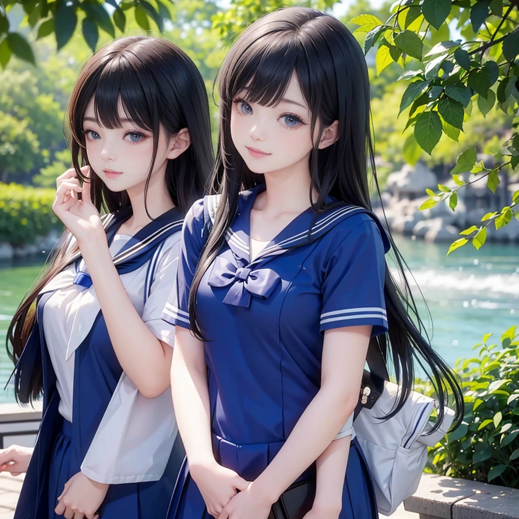 best quality, masterpiece, 

Three Japanese-high-school-girls, 

looking straight ahead and striking a gutsy pose are standing (separately:1.4), side by side, 

wearing  a short-sleeved Japanese-blue-high-school-sailor-suit,

(short-sleeved Japanese-blue-high-school-sailor-suit:1.7),

 Reddish bow tie, with a school bag, 

((too much smile)), very cute, face, head and waist fully visible, (soft eyes:1.2)

upper arms hidden by clothes and hair, (innocent and pure high-school-girls:1.7)

, (The image shows only the upper body:1.7)

 (only one well-shaped beautiful mount Fuji:1.2), (shrine:1.2), summer(season) ,(outdoors:1.5),