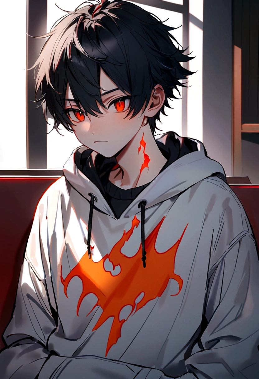 Man  Long black hair black and white sweatshirt with red and orange electricity on the body