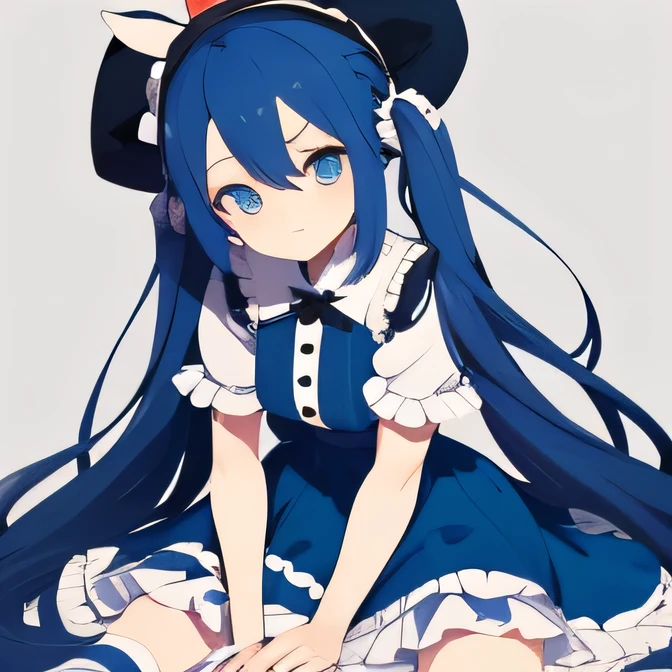 otomachi una, vocaloid, , blue hair, blue eyes, long hair, ahoge, twintails, hair between eyes, blue hat, frilled dress, solo, cowboy shot,