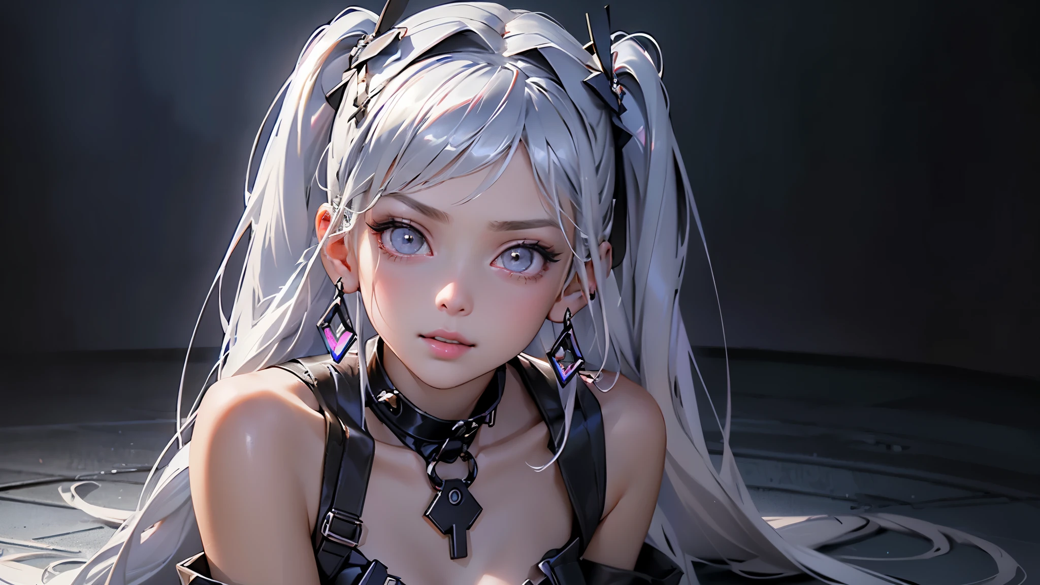 silber hair，ssmile，High ponytail，Beautiful pupils，Silver pupils，Raised sexy，Goggles pinned to his head，long eyelasher，teens girl，With a crystal necklace，quadratic element，8k，By bangs，Nevi at the corners of the eyes，tmasterpiece，hyper HD，Textured skin，perfect bodies，A half body，orthofacial