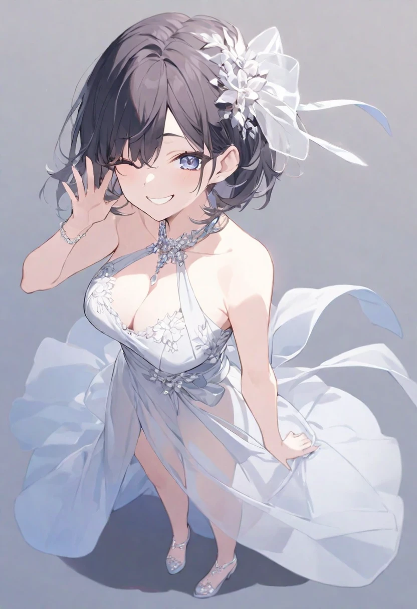 (muste piece), (best quality), very detailed eyes, expressive eyes, perfect face, very detailed face, highly detailed face, beautiful girl, 8K, beautiful girl, white background, delicate and beautiful face and eyes, dark intense shadow,
1 girl, vtuber style, cool girl, hololive,Oozora Subaru, black short hair, see-through:evening dress, big chest, cropped shoulders, clavicle, one eye close winking, smile, (full body), standing,