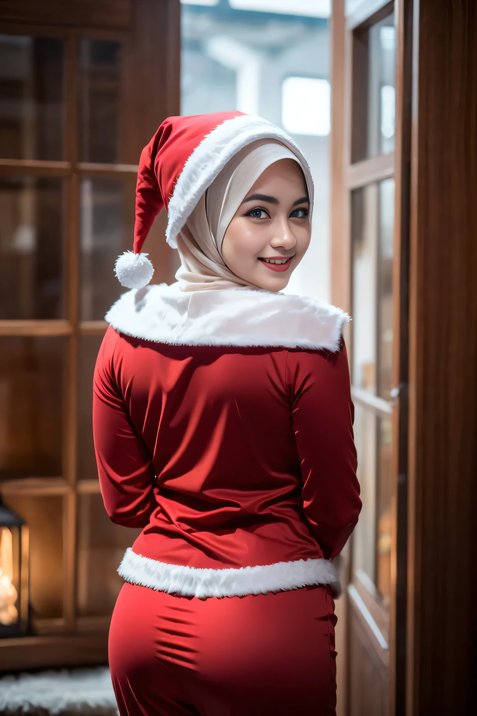 masterpiece, best quality, ultra-detailed, illustration, hijab, 1girl, looking at viewer, best quality,depth of field,(closed mouth,light smile,blue eyes:1.1),beautiful detailed glow , (santa costume:1.3),(hands behind back:1.3),(arms behind back:1.3),blaze (arknights),