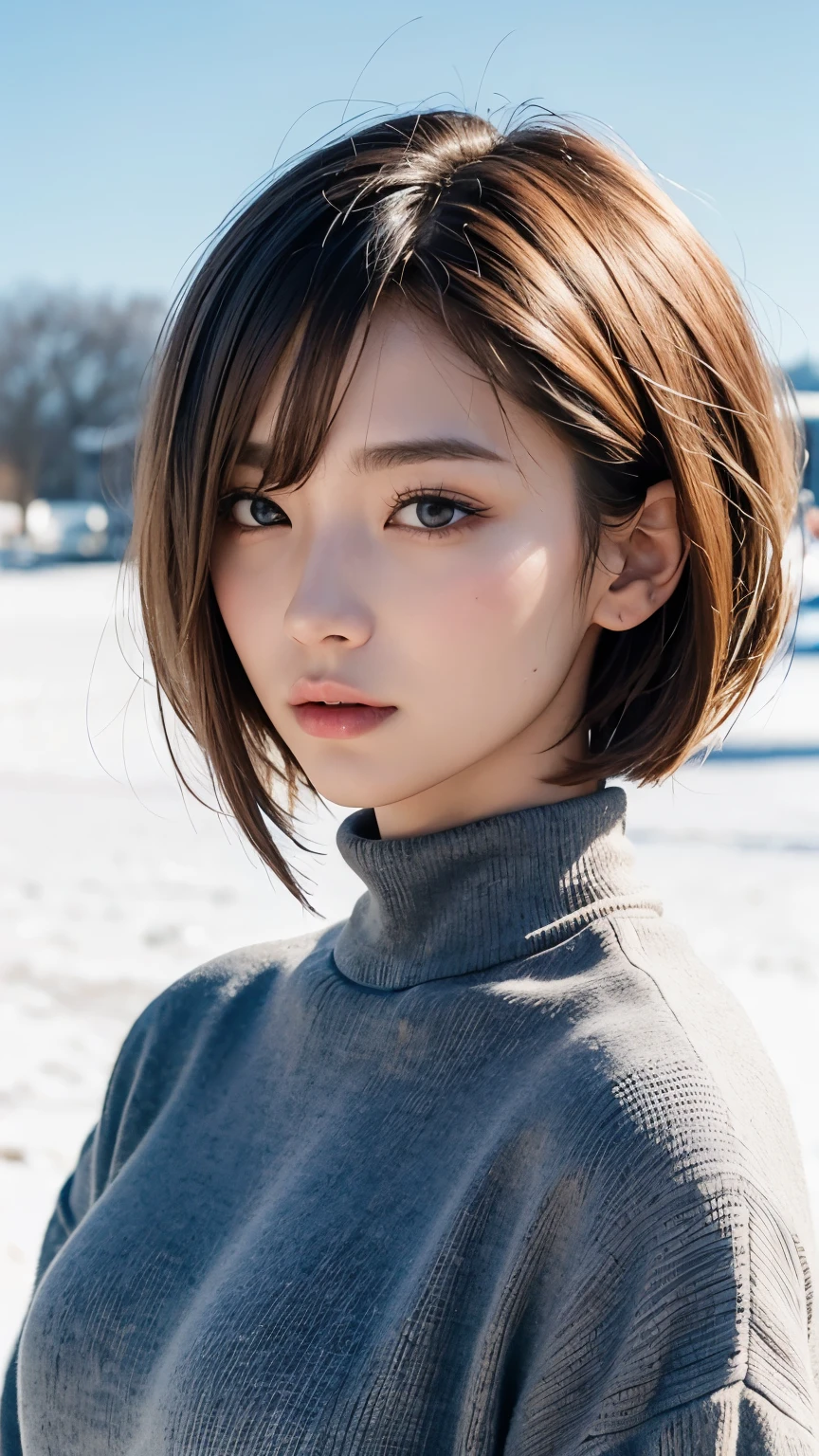 ((Highest quality、8K、masterpiece:1.3))、Sharp focus:1.2、Perfect beauty:1.4、Winters:1.2、((Creative Hair:1.8))、(short hair:1.8)、(Modern Style:1.2)、High resolution face and skin textures、I narrowed my eyes.、double eyelid、Dark Hair、winter outside background、Look Away、Design Hair、Oversized sweatshirt、（Dim lighting:1.8）、Cowboy Shot、It looks cold、（Works like a single page of VOGE:1.8)、Hair blowing in the strong wind、Natural Makeup、（whitish bleached hair:1.5）、Nostalgic depiction、（Light bangs:1.7）、turtleneck、（1 Female:1.5）、grey、Side Shot、I haven&#39;t seen this、