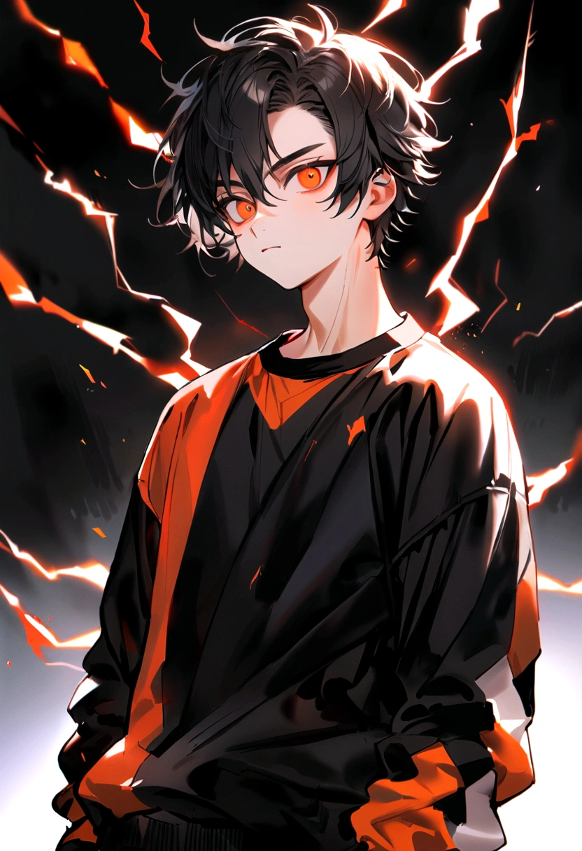 Man s old Long black hair black and white sweatshirt with red and orange electricity on the body
