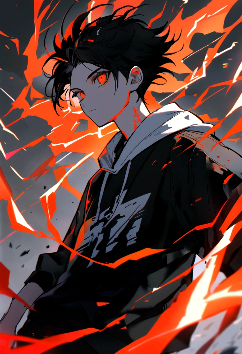 Man Long black hair black and white sweatshirt with red and orange electricity on the body