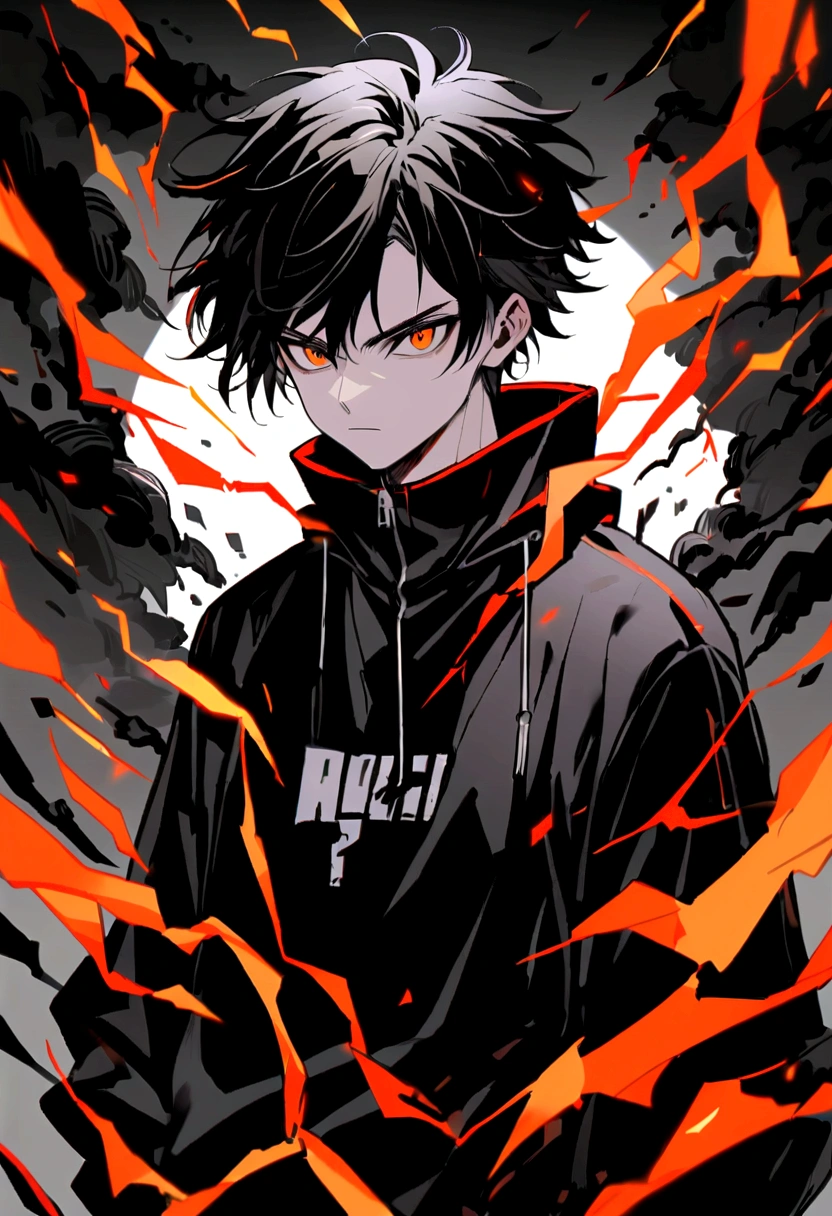 Man 17 years old Long black hair black and white sweatshirt with red and orange electricity on the body