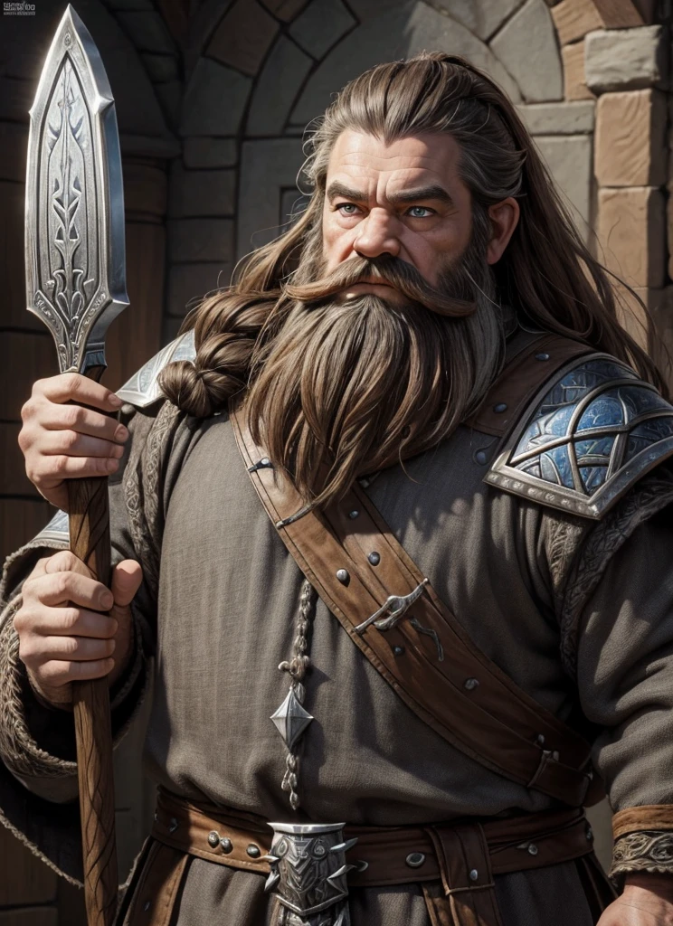 Dwarf in full grey armor, medieval fantasy dwarf, stark, plumpness, with light brown hair and a long beard, dwarven heavy armor, a mad look, fully body, standing alone, fancy, Dwarf Medieval RPG, Closeup portrait of a dwarf with a braided beard, Dwarf beard, 4 k image, 超A high resolution, inside royal dwarf hold, High details, best qualityer, 16K, [ultra detaild], master part, best qualityer, (extremely detaild), fully body, photorrealistic, arte de fancy, Arte de RPG, d&d art, an image of a dwarf in his hold (intense details, best qualityer), dwarf male fantasy (intense details, master part, best qualityer),(intense details, master part, best qualityer), brown hair, dynamic blue eye color, Ultra Detailed Face (intense details, master part, best qualityer), long beard, brown beard, holding a maul in his hand, maul has MGICAL runes