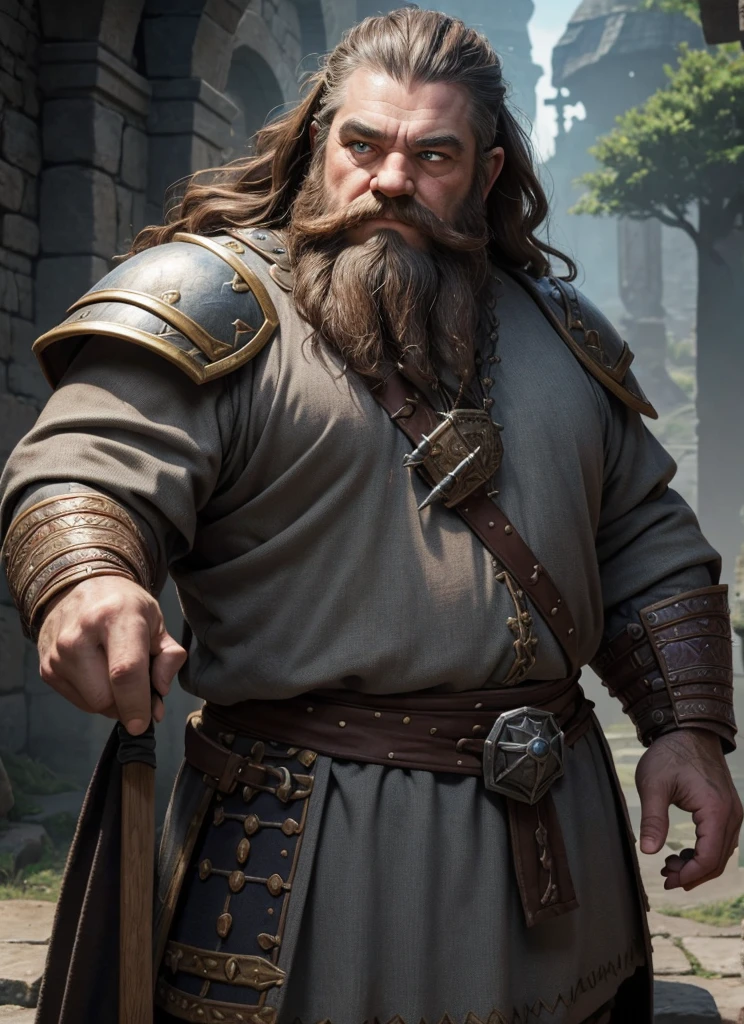 Dwarf in full grey armor, medieval fantasy dwarf, stark, plumpness, with light brown hair and a long beard, dwarven heavy armor, a mad look, fully body, standing alone, fancy, Dwarf Medieval RPG, Closeup portrait of a dwarf with a braided beard, Dwarf beard, 4 k image, 超A high resolution, inside royal dwarf hold, High details, best qualityer, 16K, [ultra detaild], master part, best qualityer, (extremely detaild), fully body, photorrealistic, arte de fancy, Arte de RPG, d&d art, an image of a dwarf in his hold (intense details, best qualityer), dwarf male fantasy (intense details, master part, best qualityer),(intense details, master part, best qualityer), brown hair, dynamic blue eye color, Ultra Detailed Face (intense details, master part, best qualityer), long beard, brown beard, holding a maul in his hand, maul has MGICAL runes