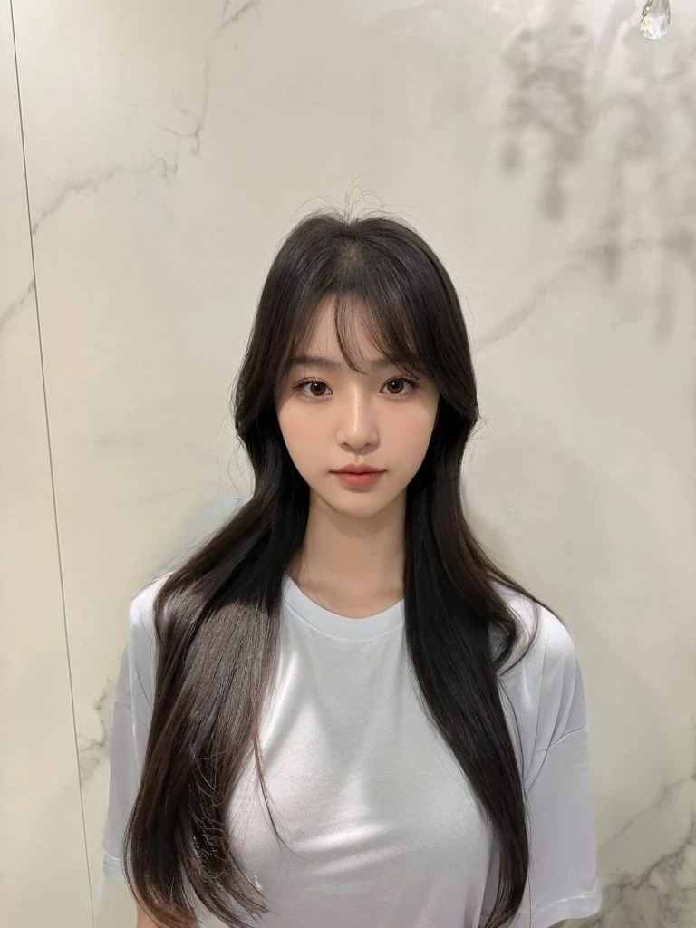 Best Quality, 8k, Masterpiece, (Portrait: 1.3), (photo realistic:1.4), (hyper realistic:1.4), Sharp Focus, looking at viewer, (smoother lighting:1.1), (increase cinematic lighting quality:0.9), realistic lighting, backlighting, light on face, ray trace, (brightening light:1.2), (Increase quality:1.4), sharp detail, (best quality real texture skin:1.4), finely detailed eyes, black_eyes, finely detailed face, 25 year old Korean woman, (white t_shirt:1.4), (Create an image maintaining the original base model hairstyle:1.5)
