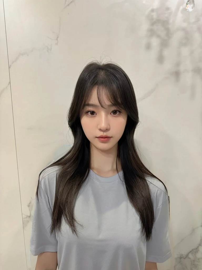 Best Quality, 8k, Masterpiece, (Portrait: 1.3), (photo realistic:1.4), (hyper realistic:1.4), Sharp Focus, looking at viewer, (smoother lighting:1.1), (increase cinematic lighting quality:0.9), realistic lighting, backlighting, light on face, ray trace, (brightening light:1.2), (Increase quality:1.4), sharp detail, (best quality real texture skin:1.4), finely detailed eyes, black_eyes, finely detailed face, 25 year old Korean woman, (white t_shirt:1.4), (Create an image maintaining the original base model hairstyle:1.5)
