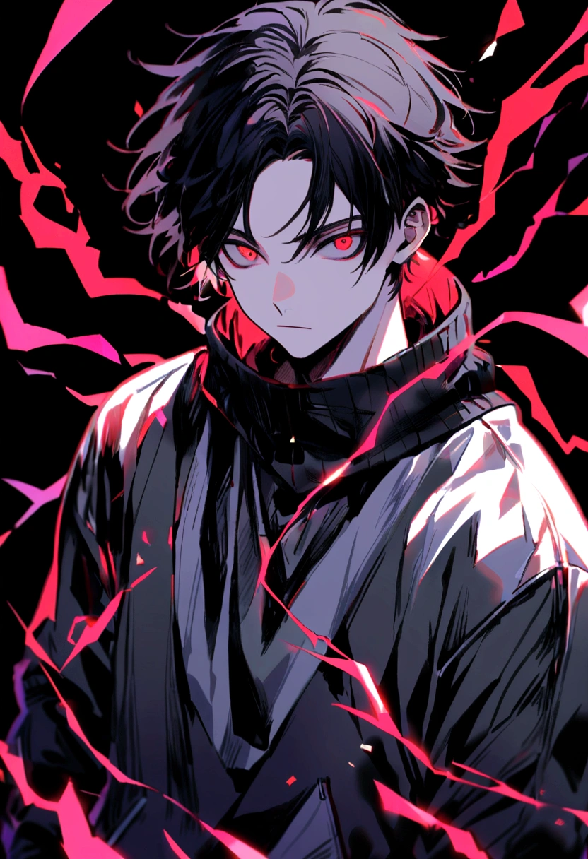 Man 17 years old Long black hair black and white sweatshirt with red electricity on the body