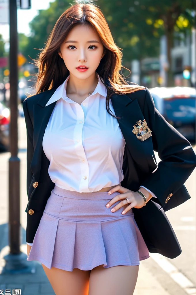 the most beautiful actress in the world, she is 18 years old, the perfect body proportions of this girl, just the lower than her crotch is fully exposed, just the upper than her crotch is fully covered, this girl whose breasts are very large is wearing the blazer on the formal shirt, it's too difficult for the short skirt to cover the panties because it's too short, her bare thighs, the lower than her knees are out of this picture frame, only one description of this picture, at city street, standing, nsfw, best quality, highly detailed, masterpiece, ultra high res, photo realistic, 8k