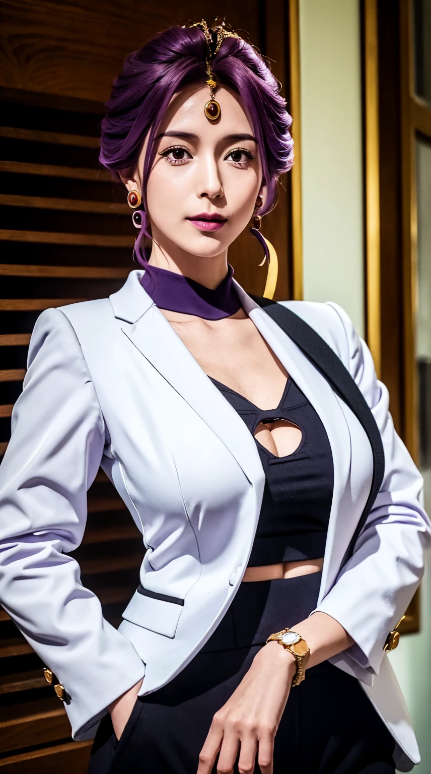 Mirellia_Q_Melromarc, perfect_breasts, purple_hair, purple_eyes, jewelry, earrings, beautiful, beautiful woman, perfect body, perfect breasts, wearing a white formal shirt, black blazer, black trousers, handbag, wearing a watch, wearing earrings, in public, creatures in tokyo city, being on the street, looking at the viewer, a slight smile, realism, masterpiece, textured skin, super detailed, high detail, high quality, best quality, 1080p, 16k