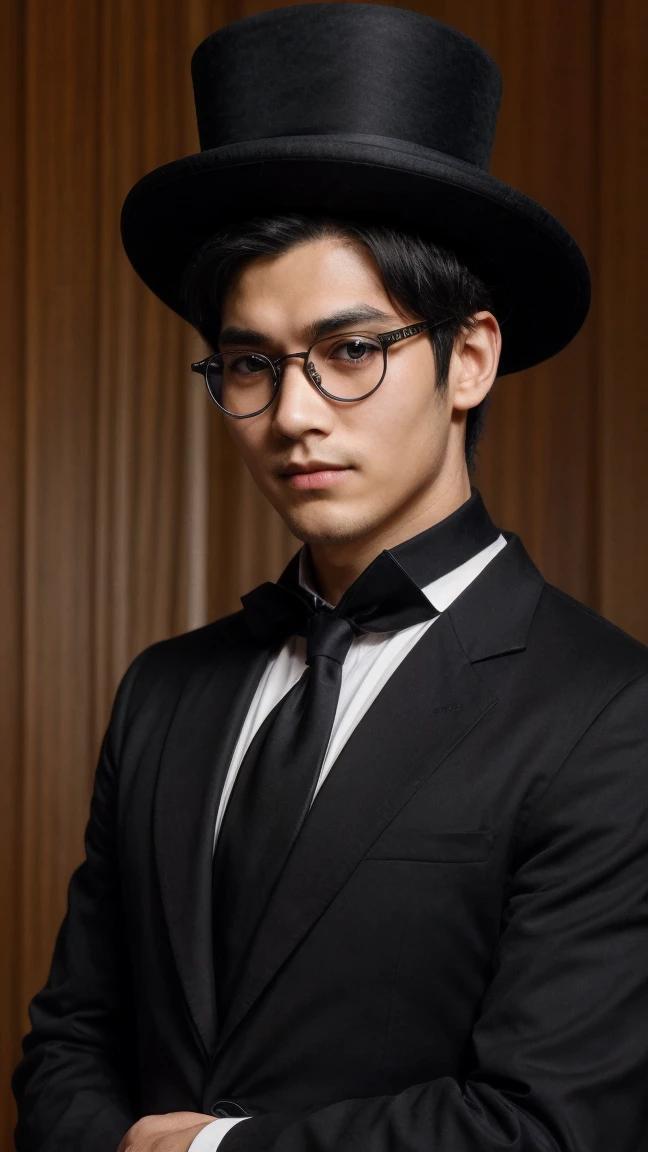 Man in a black top hat, black necktie, with round black glasses, Black Costume,anime styling, anime gentle boy
