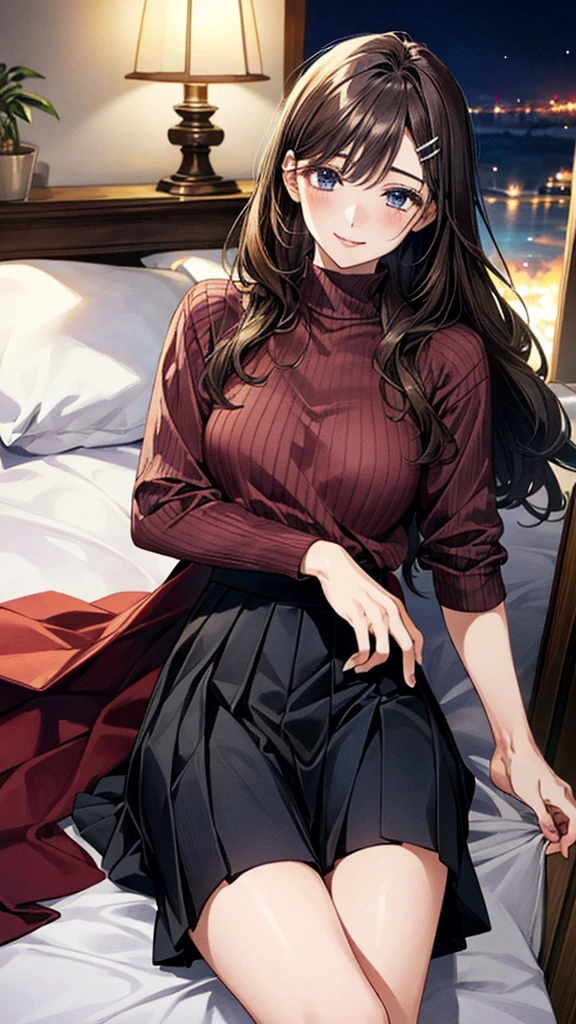 (masterpiece:1.3, Highest quality), (Realistic, photoRealistic:1.4), Beautiful illustrations, (Natural Side Lighting, Cinema Lighting),
Look down, whole body, From below, 1 Girl, Japanese, (reception), 30 years old, Perfect Face, (Perfect Anatomy), Cute and symmetrical face, Shiny skin,
(Long Hair, Half Up, Light brown hair), Hair between the eyes, Dark blue eyes, Hair Clip, Long eyelashes, (Captivating thighs, Big Ass),
Beautiful Hair, Beautiful Face, Beautiful attention to detail, Beautiful clavicle, Beautiful body, Beautiful breasts, Beautiful thighs, Beautiful feet, Beautiful fingers,
((Very detailed costume, Bordeaux high neck sweater, Black pleated skirt)),
(Beautiful views), Depth of written boundary, night, (room, On the bed), Are sleeping, (Smile),