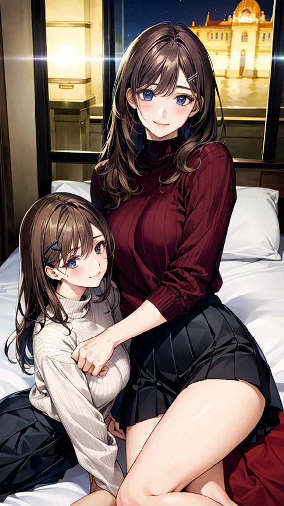 (masterpiece:1.3, Highest quality), (Realistic, photoRealistic:1.4), Beautiful illustrations, (Natural Side Lighting, Cinema Lighting),
Look down, whole body, From below, 1 Girl, Japanese, (reception), 30 years old, Perfect Face, (Perfect Anatomy), Cute and symmetrical face, Shiny skin,
(Long Hair, Half Up, Light brown hair), Hair between the eyes, Dark blue eyes, Hair Clip, Long eyelashes, (Captivating thighs, Big Ass),
Beautiful Hair, Beautiful Face, Beautiful attention to detail, Beautiful clavicle, Beautiful body, Beautiful breasts, Beautiful thighs, Beautiful feet, Beautiful fingers,
((Very detailed costume, Bordeaux high neck sweater, Black pleated skirt)),
(Beautiful views), Depth of written boundary, night, (room, On the bed), Are sleeping, (Smile),