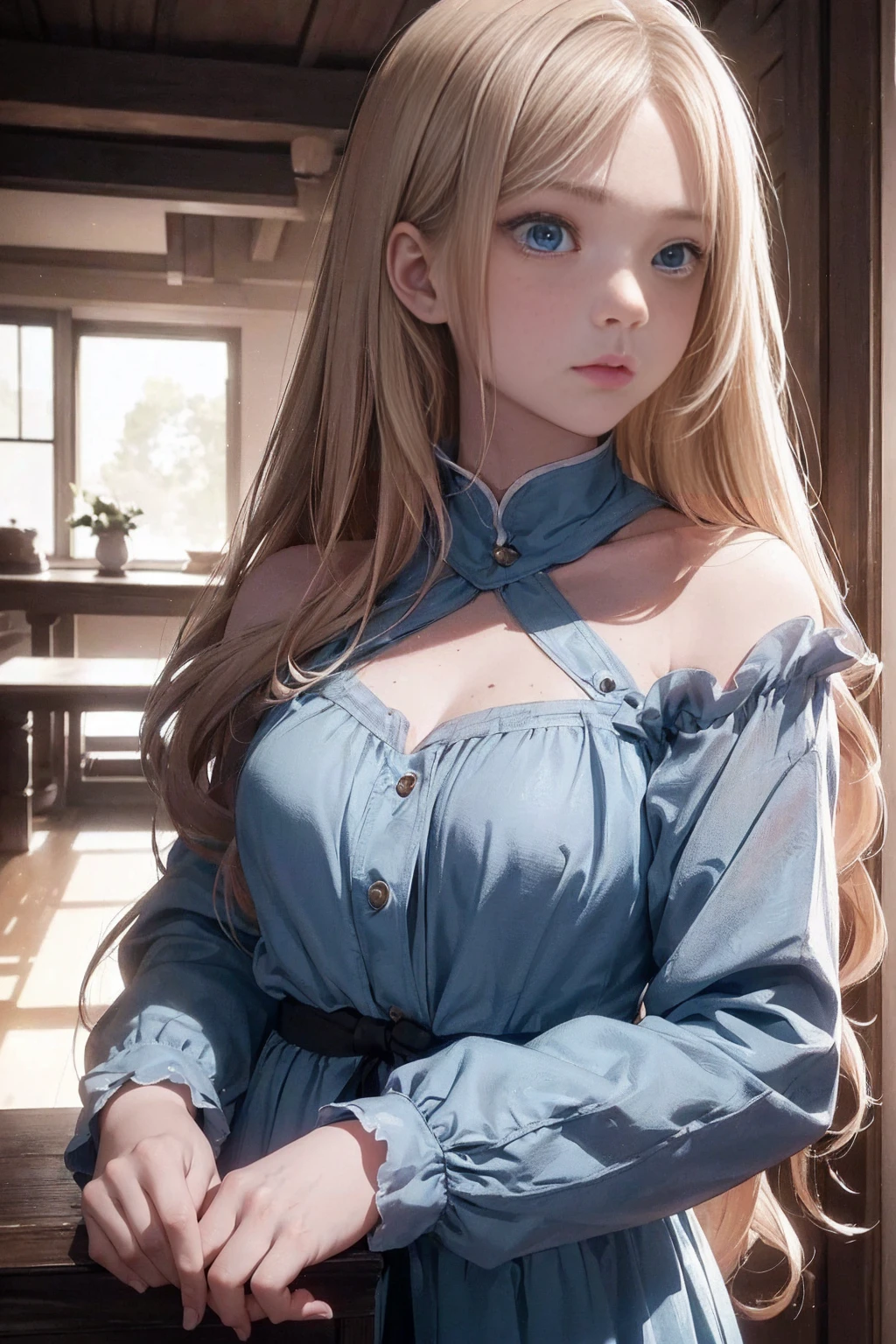 ((1 Female, 1 person, Solitary) Alice,  Humanity, Long curly blond hair, blue eyes, freckle, teenager, 18 years, Rebirth_ongoing) (Main Part, Super detailed, 8K, (HD, Sunlight:0.5, Soft_shadow:0.5, atmosphere_light, 8K, 4K, Surrealism, elegant, ((((Appearance)))), Soft Ton, 柔和的light))(((Dark, Chiaroscuro)))