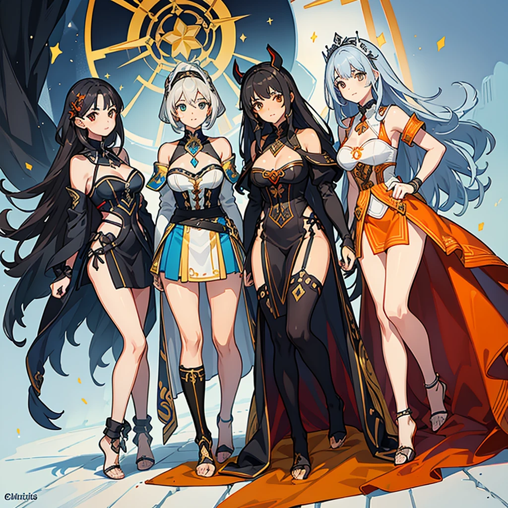(((Three beautiful girls))), de corpo inteiro, (((One character))), Feminino, (((Pele Escura))), Cabelo preto com Rabo de cavalo, Olhos Azuis-Claros, Round Glasses with a Dark Lens with this Lens being red, and the Light Blue frame, ((Black Metallic Gauntlets and Greaves with Orange and Silver Highlights)), (((As Roupas tem uma Mistura de Moderno e Tribal))), tendo em sua Maioria a Cor Preta, mas tendo Partes em vermelhas, Shoulders on Display, On the Hip, a Short that extends to Half the Thigh in black, twitching from head to toe, sandalhas gradiadoras, sapatilhas de bailarina em uma delas.
