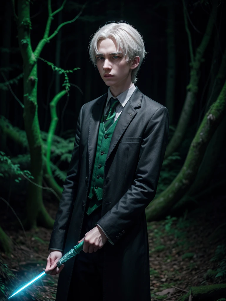boy, Slytherin uniform, glowing magic wand 24cm in hand, White hair, determinate expression, Forbidden Forest, somber atmosphere, 4K, conceptual artwork, sharp focus, dramatic lighting, Studio quality.
