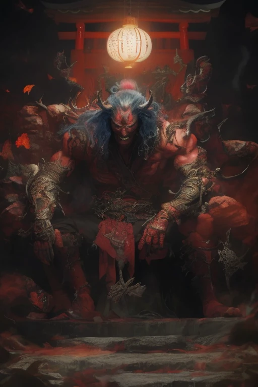 Painting of the devil sitting on the throne,There is a lantern on it, Jan J, Horn, Devil sitting style, A villain wearing a red demon mask, author:Sealing beads, author:Yang Jing, Demon warrior, Devil Samurai Warrior, Artstation Contest Winner, Diablo digital concept art, ベストオブArt Station, Vojtek Fuss, torii, Japan, Kyoto, cyber-, punk, Oak Simbaroum, warrior, rendering, 4K, unrealistic, Art Station, cold