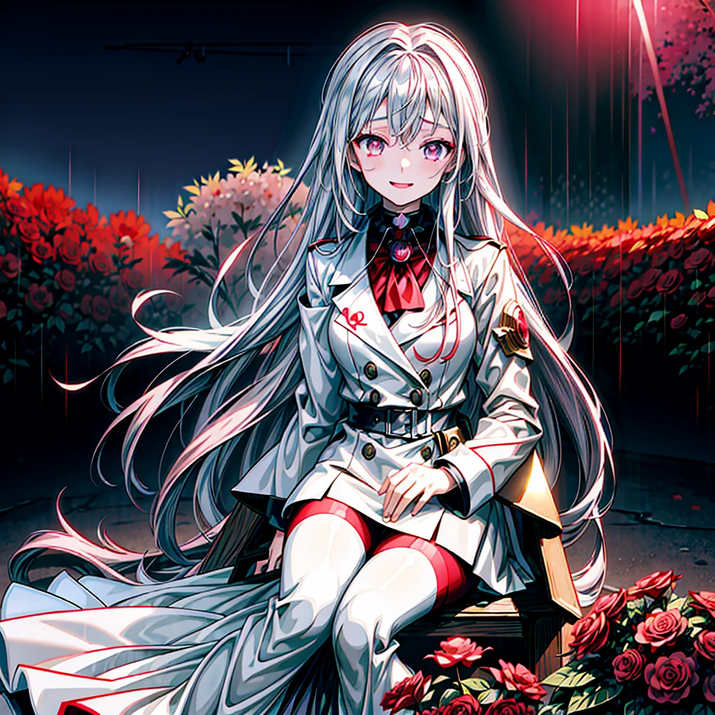(masterpiece, anime, best quality:1.2), 1 girl,pink glowing star pupils,silver long hair,White,sit in throne,Look at the audience,(((rain)))(((soaking wet)))(((bunch of red flowers)))shed tears,tears, covered left eye, a black chocker, bitter smile, black futuristic coat, white suit that is tattered
