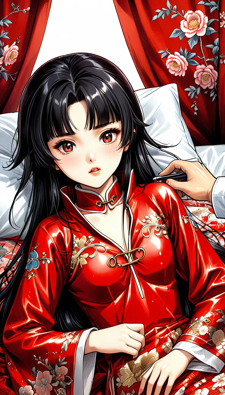 A tragic historical drama in 8k live-action style: Beautiful palace secrets　A beautiful -yeld Chse Kung Fu princess with long black hair is being examined by a doctor　Gorgeous embroidery, Ultra glossy, She is wearing a shiny red top and bottom long sleeve floral pajama kung fu suit....　　She shows her pussy to the doctor