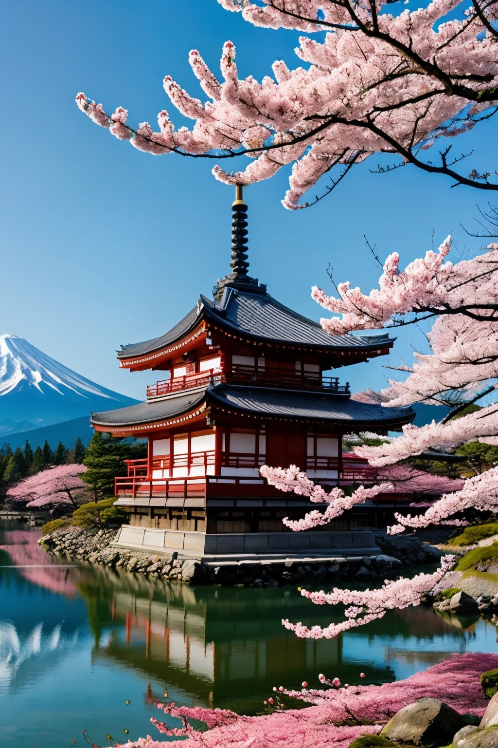 beautiful Japanese nature scenery with lac montain fuji cherry blossom and temple