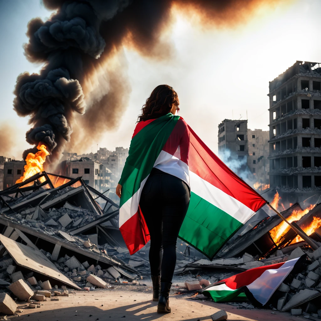 realistic,highres,reality,creative,huge filesize, a woman holding Palestine flag the city was destroyed by fire because of the war, Big Breasts, realistic, hyperdetailed, western, sharp lineart, professional lighting, deviantart, artstation, trevor henderson, rossdtaws, cinematic, dramatic