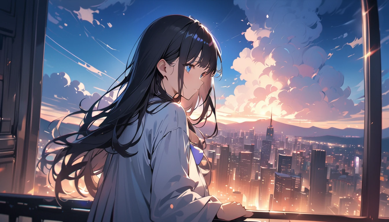 BREAK 1 girl, long hair, black hair, straight hair, short bangs above brows, blue eyes, expressionness, open mouth, (looking away:1.2)
BREAK (masterpiece), (high resolution 8K), cinematic lighting, professional lighting, detailed eyes and face, detailed body,
BREAK white shirt, blue bowtie, pleated skirt,
BREAK (summer sky:1.3),(cumulonimbus),blue sky,group of buildings,1Contrail,(cityscape:1.5),warm light, the top of the hill,(Overlooking the cityscape:1.5),(scenery:1.5),(Looking down on the city from the roof of a building:1.3),