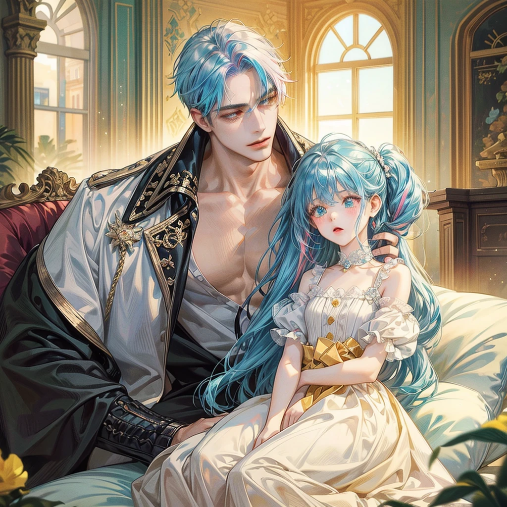 {{masterpiece}}, 最high quality, Very detailedな CG ユニティ 8k 壁紙, Cinema Lighting, Lens flare, Beautiful details in the eyes, black, Sideways glance, Multicolored Hair, colorful light, particle, Heterochromia iridis, (colorful:1.5), (colorful hair:1.5),{{masterpiece}}, 最high quality, Very detailedな CG ユニティ 8k 壁紙, Cinema Lighting, Lens flare, Beautiful details in the eyes, black, Sideways glance, Multicolored Hair, colorful light, particle, Heterochromia iridis, (colorful:1.5), (colorful hair:1.5),masterpiece, 最high quality, Official Art, 8k wallpaper, Very detailed, Very delicate and beautiful, wonderful, In detail, masterpiece, Super detailed, High resolution,Best illustrations, Best Shadow,Complex,Sharp focus, high quality, A young father holds his young twin boys and girls in his arms tightly and warmly、Draw a scene filled with love and security.。My father is on his way home from work.、Children are innocent and carefree。In the background, a clear blue sky spreads out.、Italy in Summer、View of a stylish modern mansion in Venice。The bright sunlight illuminates the house and the sparkling sea.。 In fact, this30The father of the generation was the former Constantine1This is the world.、The boy-girl twins are formerly Crispus and Fausta。The whole scene、atonement、Forgiveness、Healing、Purification、And the theme of repairing relationships was emphasized.、It expresses the moment when family love and bonds deepen.。